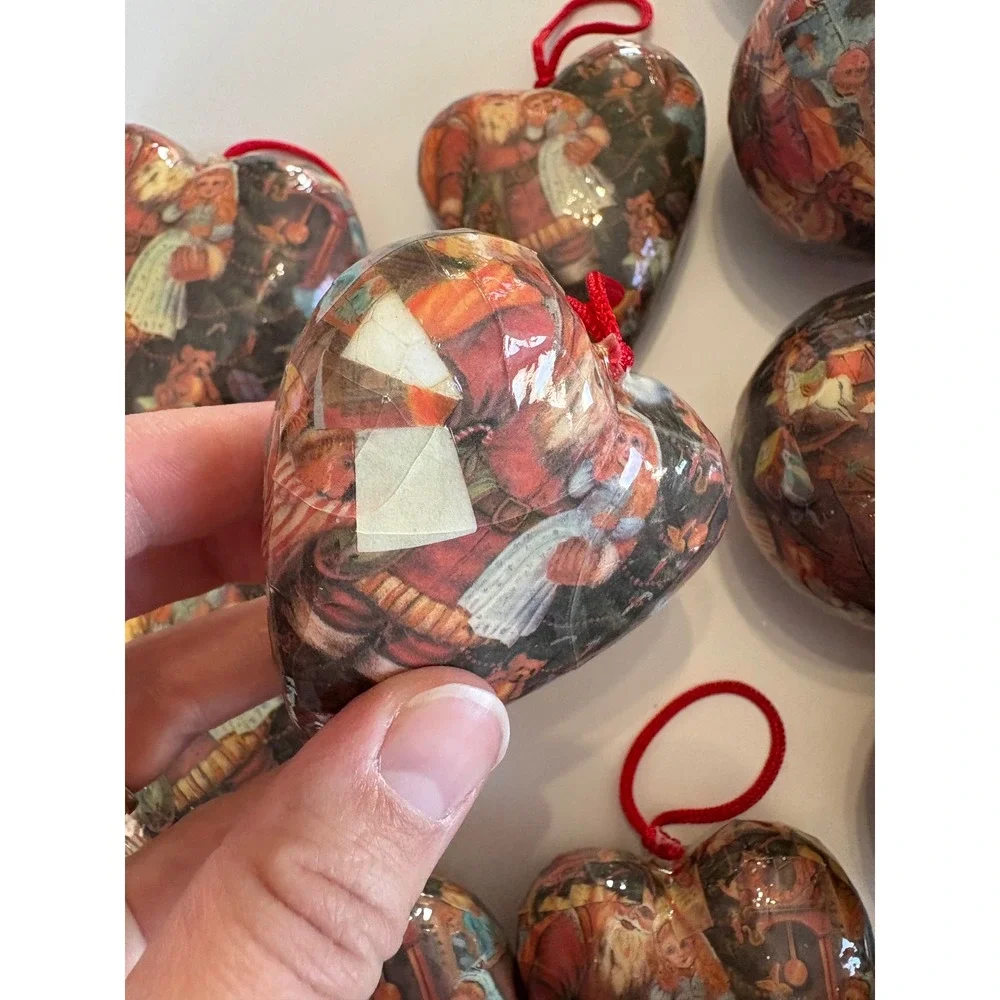 Vintage Decoupage Santa Toy Christmas Ornaments 20 ct Various Sizes Heart & Ball